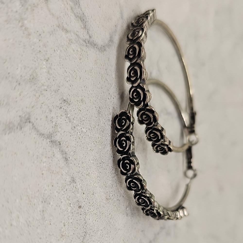 Floral Hoop Earrings in Silver